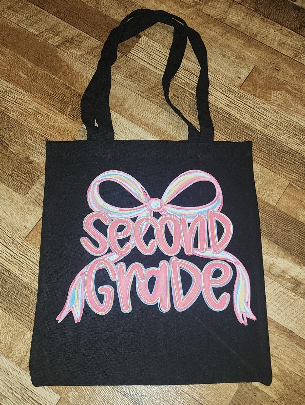 Black 'Second Grade' Graphic Tote Bag with Pink Bow.  13x15.